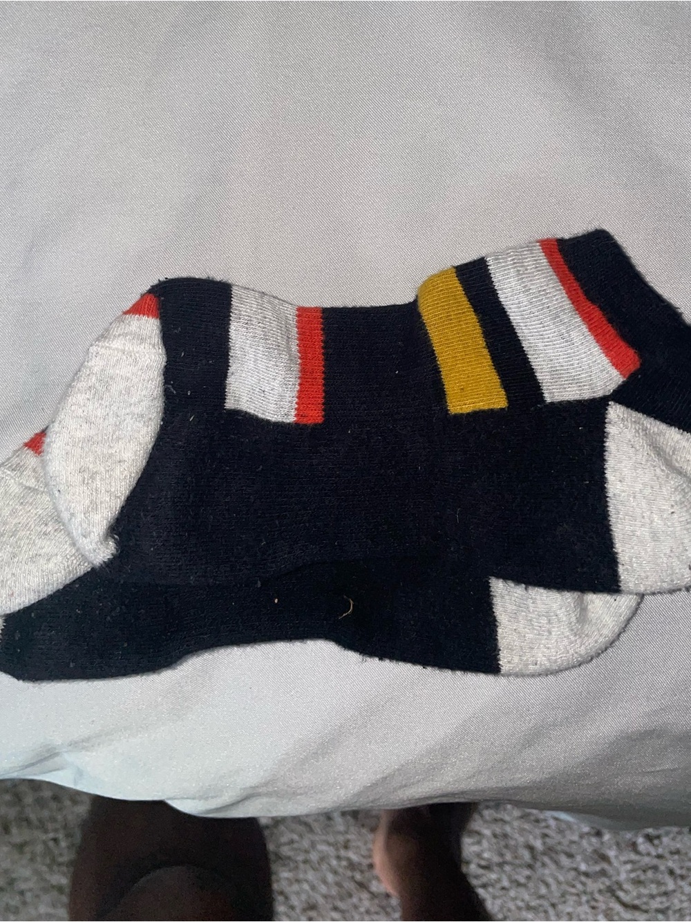 Men's Low-Cut Athletic No-Show Socks in Black with Gray, Red and Yellow Stripes